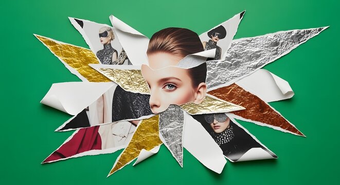 A woman's face is surrounded by torn fashion magazine pages and metallic foil on a green background. - Powered by Adobe
