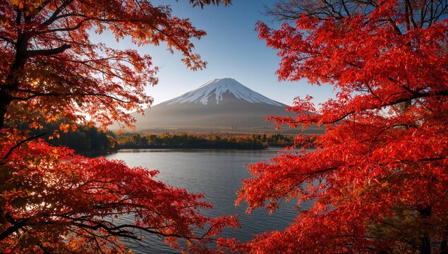 Mt. Fuji viewed from Kawaguchiko Lake surrounded by vibrant autumn foliage, seasonal change