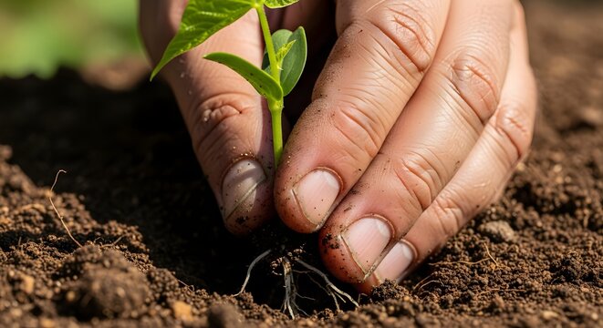 Close-up of a human hand gently nurturing a young green seedling as it takes root in rich, dark soil, symbolizing growth and new beginnings