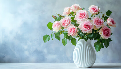 Fototapeta premium Pink roses in vase. Soft flower arrangement on table