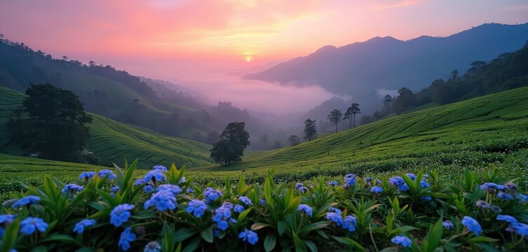 Sunrise over rich green tea plantation valleys in Munnar Kerala. Mist settles in low lying areas as rolling hills display vibrant colors under the soft morning light.