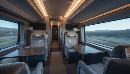 Interior of a contemporary sleeper train featuring vacant seating, focus on relaxation