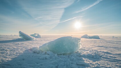 Ice blocks floating on a sunlit frozen ocean, seasonal change