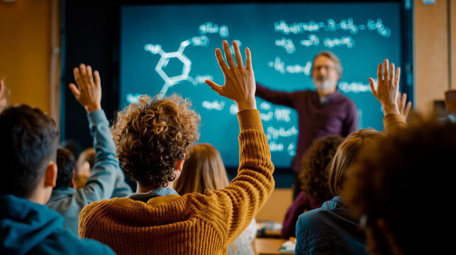 Classroom education teacher students learning hands up question interactive teaching chalkboard science chemistry molecular structure molecule class lecture engagement - Powered by Adobe
