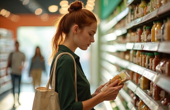 Young woman reads food package label in supermarket aisle. She considers product choice while shopping for groceries among shelves of goods, making purchase decisions.