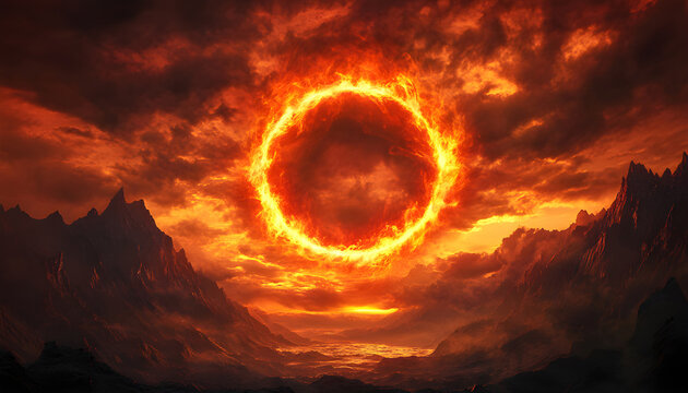 Dark stormy sky with ring of fire. Cosmic event with black hole