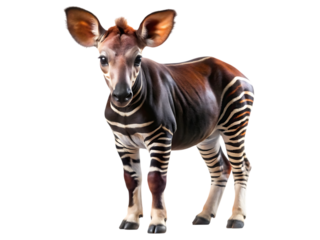 A young okapi calf with distinctive zebralike stripes on its legs and hindquarters, standing and looking forward with large ears, isolated on transparent background