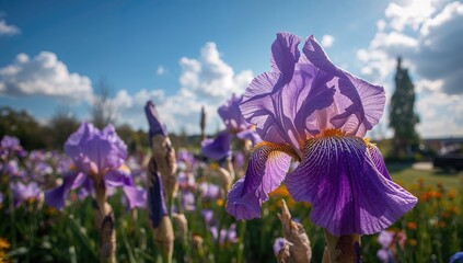 Purple Irises Blooming Beneath Clear