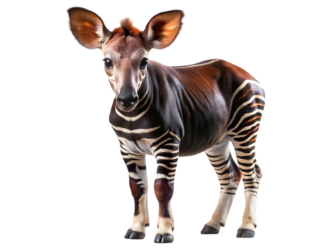 A young okapi calf with distinctive zebralike stripes on its legs and hindquarters, standing and looking forward with large ears, isolated on transparent background