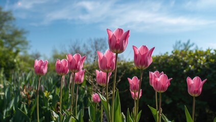 Obraz premium Tulips blooming in a spring garden, vibrant pink hues, seasonal change