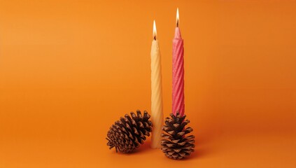 Two aromatic candles and pine cones set against an orange backdrop, ideal for a seasonal winter theme