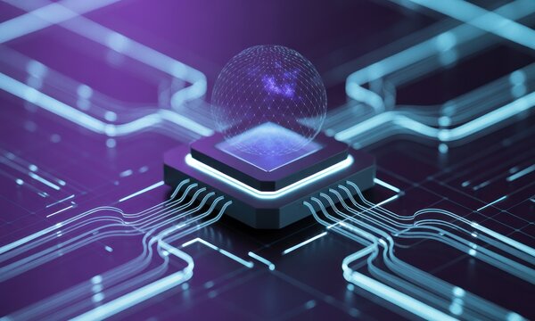 3D rendering of a circuit board with glowing chip and world graphic