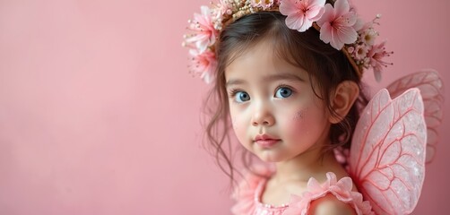 Young girl wears pink fairy costume with floral wreath. She has delicate wings and glitter on cheeks. Sweet child looks at camera in studio.