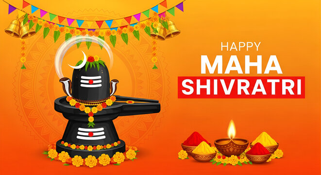 Image is a vibrant digital illustration celebrating Maha Shivratri. The layout features a central black Shiva Lingam adorned with a yellow garland and a white, red, and black striped marking. It is pl