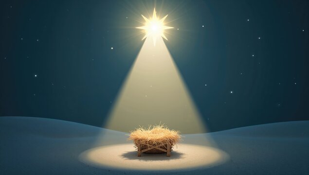 The star glows above the Christmas nativity scene