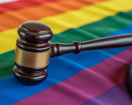 Advocating for equality and justice with a gavel resting on a vibrant LGBTQ+ rainbow flag symbolizing legal rights and inclusive society for all people