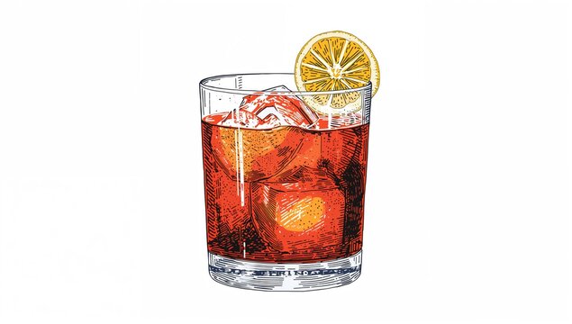 Hand-drawn illustration of a Rosita cocktail with a lemon twist and ice, showcasing a fiber-dense choice