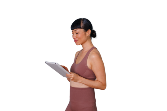Confident businesswoman using laptop, working in corporate environment, standing and typing on transparent background