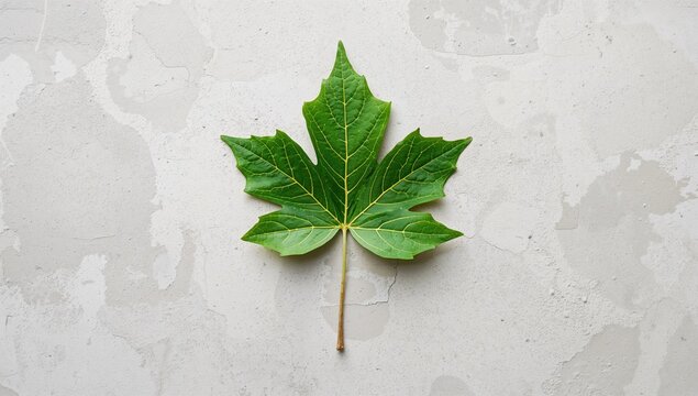 Green Sustainable Construction, Fresh Green Maple Leaf on Concrete, highlighting eco-friendly building materials