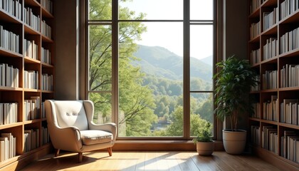 Cozy home library with a comfy armchair books and a large window. Mountain view background with trees sunlight creates calm space for reading working studying.