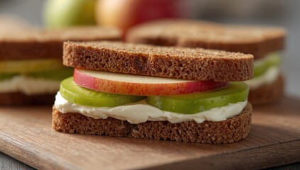 Wholegrain bread sandwiches with cream cheese and fresh apple or kiwi slices, fiber-dense choice
