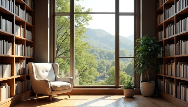 Cozy home library with a comfy armchair books and a large window. Mountain view background with trees sunlight creates calm space for reading working studying.