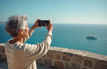 Elderly woman takes photo with smartphone. Mature female tourist stands on stone balcony overlooking sea. Woman enjoys scenic ocean view on vacation.