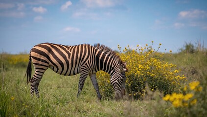 Zebra Feeding Amidst Bright Yellow Blooms In Its Natural Habitat, Seasonal Change