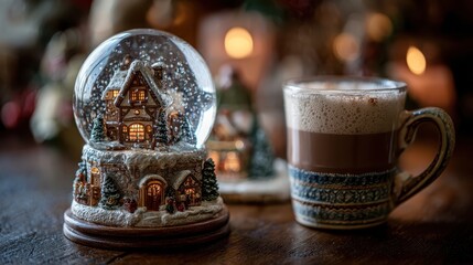 A snow globe with a house inside and a cup of coffee