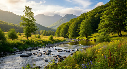 A tranquil river winds through a sun-kissed mountain valley, surrounded by lush green forests and meadows blooming with wildflowers under a clear sky
