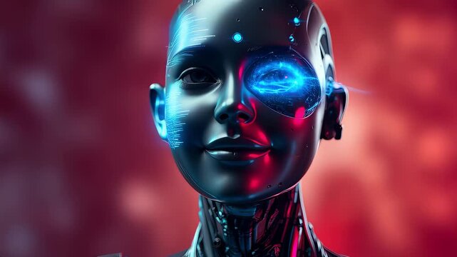 Futuristic humanoid robot portrait with glowing blue features  