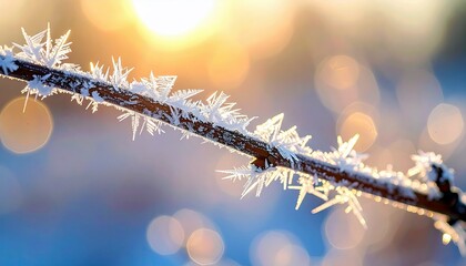A close-up shot of a tree branch covered in intricate frost crystals, illuminated by the soft glow of the sun.