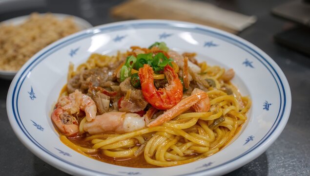 Saut&Atilde;&copy;ed Thick Yellow Noodles with Seafood, Pork, and Vegetables