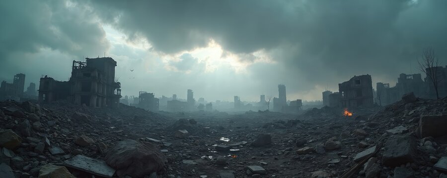 Ruined city landscape with collapsed buildings under gloomy sky. Rubble, debris cover ground everywhere. Small fire burns in distance. Shows war zone devastation aftermath post apocalypse scene.