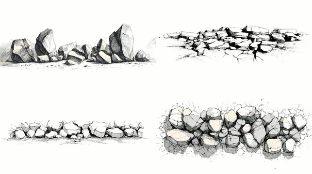 Hand-drawn rock rubble and cracked ground dividers in ink, useful as landscape separators, UI assets, fantasy map borders, and construction-themed graphics.