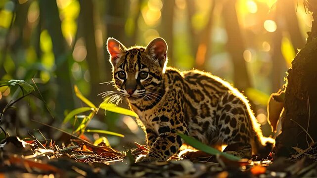 Adorable Ocelot Kitten Exploring The Lush Rainforest At Sunset.