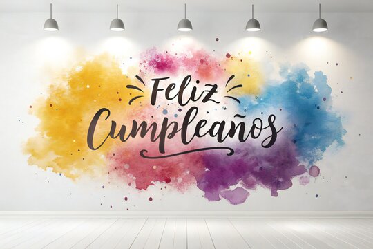 Feliz cumpleaños: Imagen artística con salpicaduras de colores vibrantes y letras elegantes, ideal para celebrar.
