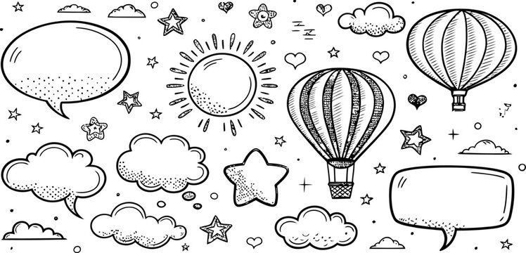 Dreamy hand-drawn vector art compilation with playful speech bubbles, a cheerful sun, fluffy clouds, soaring hot air balloons, and twinkling stars, evoking imagination and joy