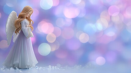 christmas Delicate angel figure amidst soft, colorful bokeh background.