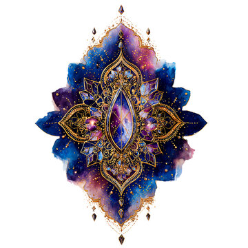 Ornamental Gemstone with Celestial Design and Gold Filigree