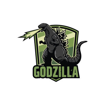 Godzilla roars and breathes green fire in front of a shield with a camouflage pattern, the name "Godzilla" below.