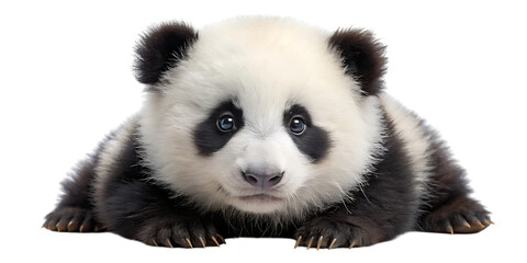 A cute baby panda lying down on a transparent background, looking directly at the camera with its distinctive black and white markings and fluffy fur, isolated on transparent background