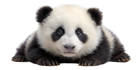 A cute baby panda lying down on a transparent background, looking directly at the camera with its distinctive black and white markings and fluffy fur, isolated on transparent background