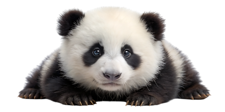 A cute baby panda lying down on a transparent background, looking directly at the camera with its distinctive black and white markings and fluffy fur, isolated on transparent background