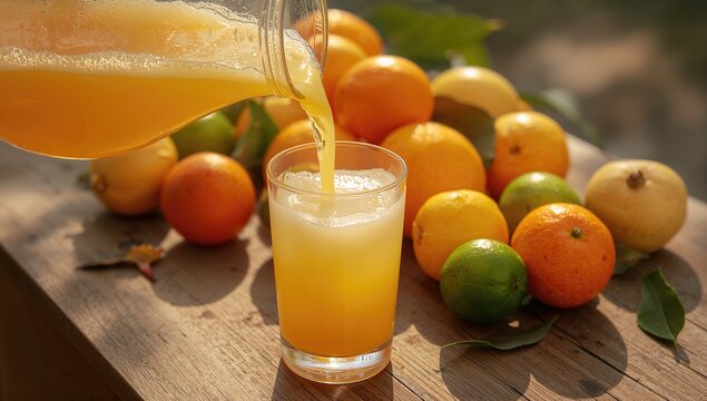 Orange juice being poured into a glass alongside fresh fruits on a wooden table, a refreshing choice for summer - Powered by Adobe
