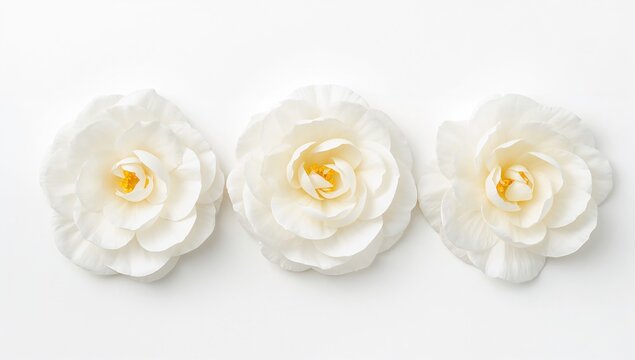 Three white camellia flowers on a plain background, ideal for editorial use