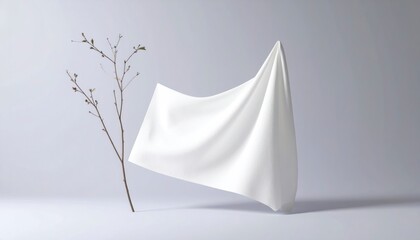 Minimalist White Fabric Drape with Dried Branch on Light Background.