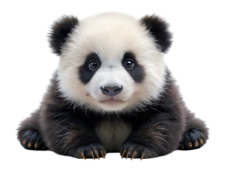 A cute baby panda bear sitting down, isolated on transparent background, with its fluffy fur and distinctive black and white markings, looking directly at the camera with curious eyes