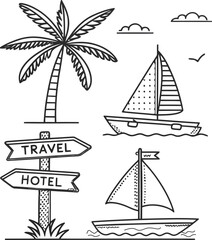 Hand-drawn collection of travel and vacation icons including a palm tree, sailboats, and a hotel sign. Sketchy doodle style illustrations for summer holiday themes