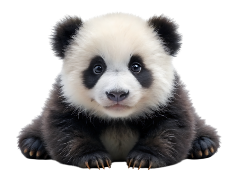 A cute baby panda bear sitting down, isolated on transparent background, with its fluffy fur and distinctive black and white markings, looking directly at the camera with curious eyes